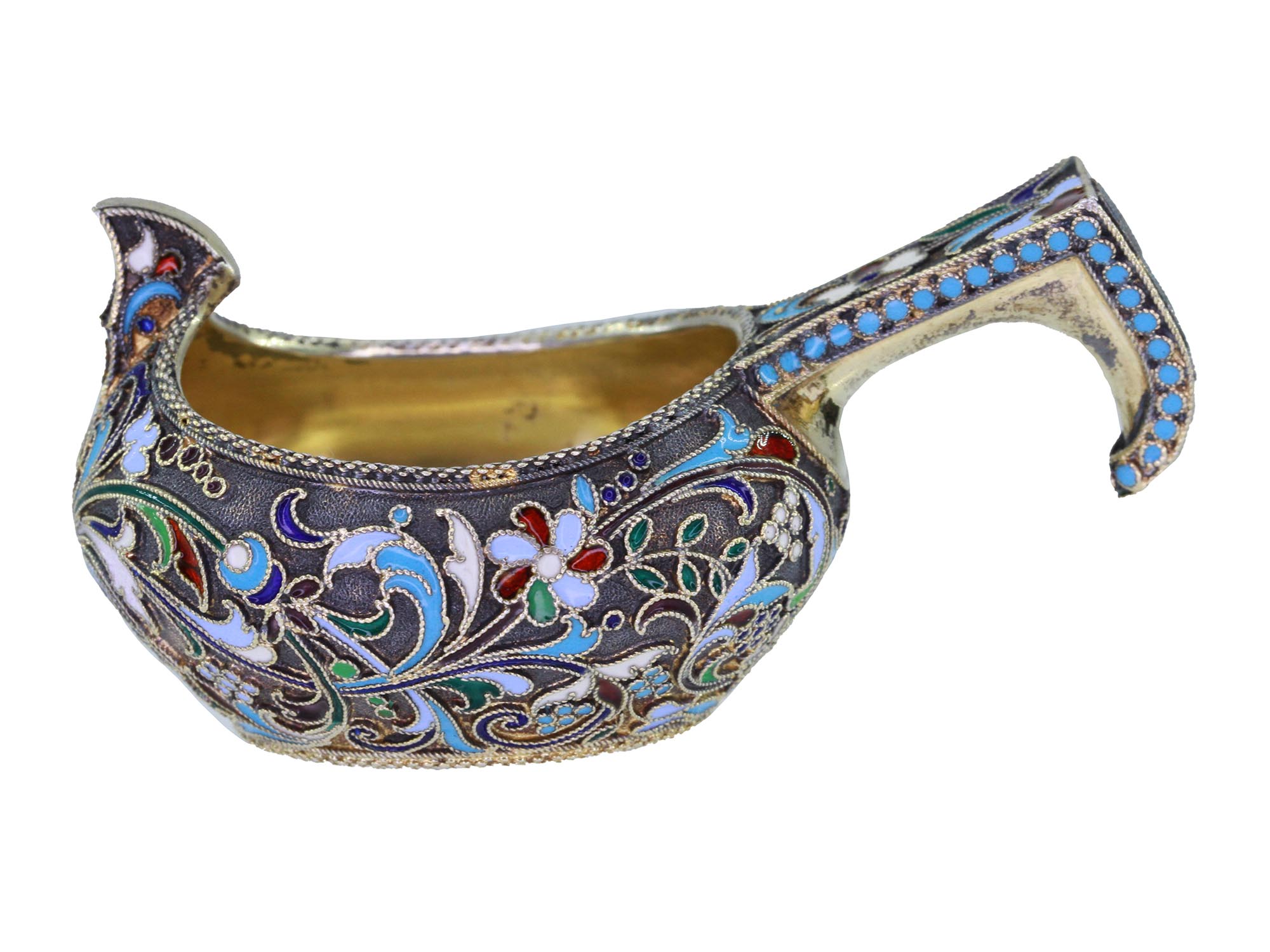 ANTIQUE RUSSIAN GILT SILVER CLOISONNE KOVSH LADLE PIC-3